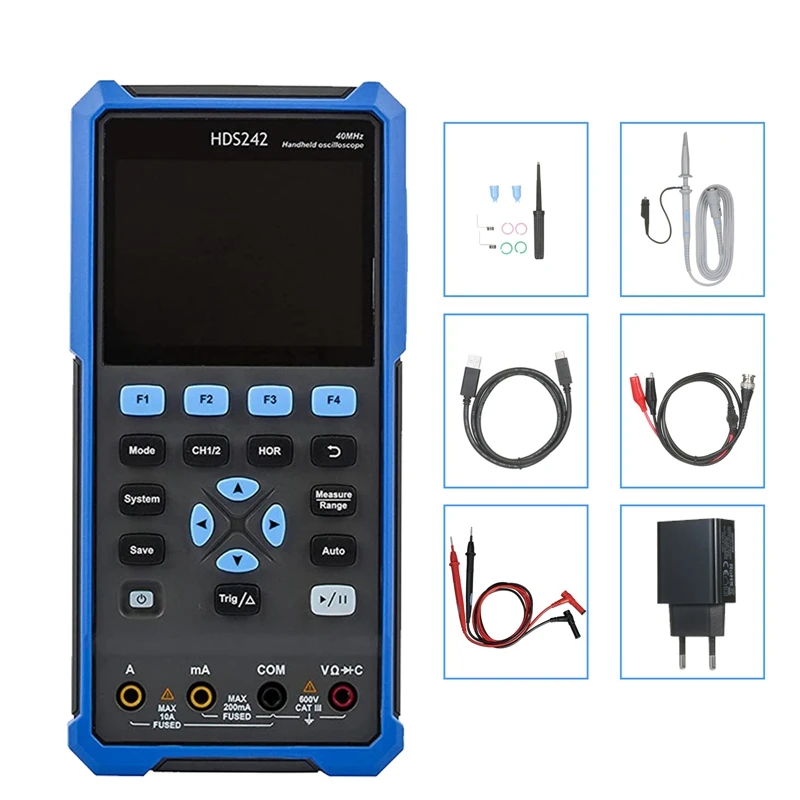 HDS242 3.5 Inch 2CH 40Mhz 4 1/2 Digit Waveform Generator Handheld Digital Scope Meter Blue EU Plug