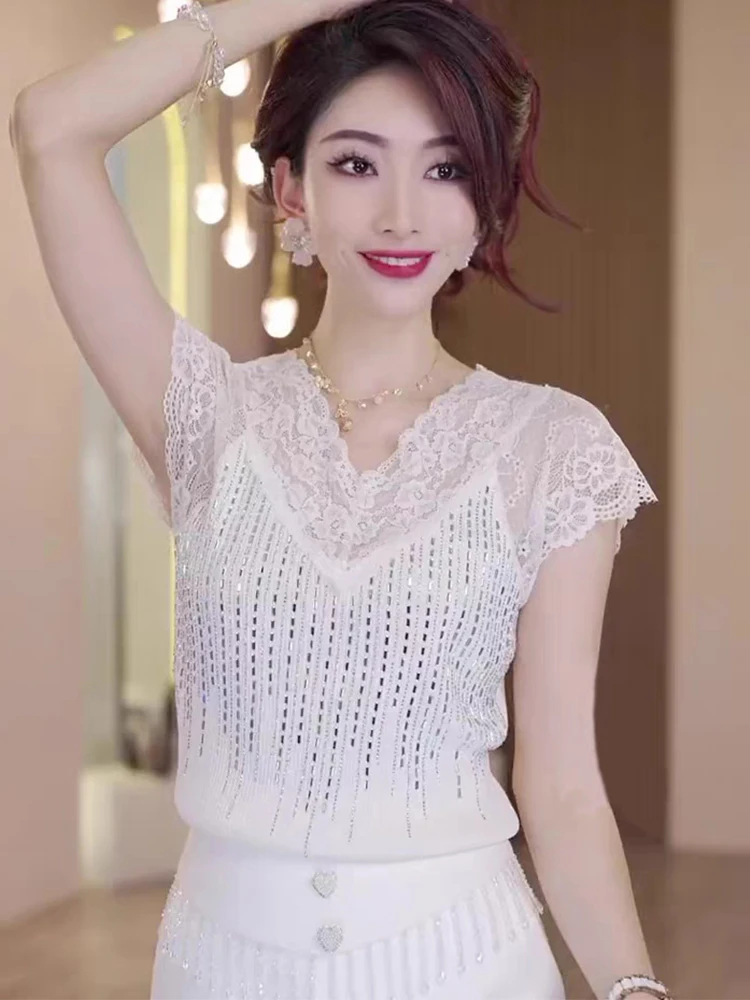 

Sexy Lace Splice ort Sve Vest Women's Inner Wear Outer Wear European Sle Drill Dot Pattern Korean Sle Slim Fit Top