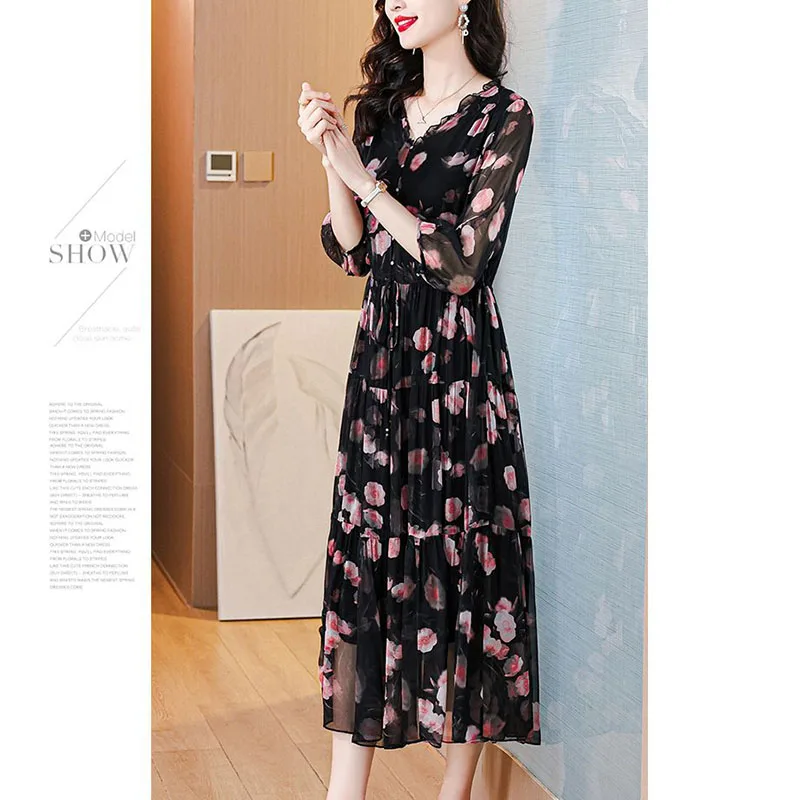 Elegant Dress Mesh Long Sleeved Floral Silk Chiffon A-Line Dress For Women's Autumn New Long French Dress For Mothers Print Dres