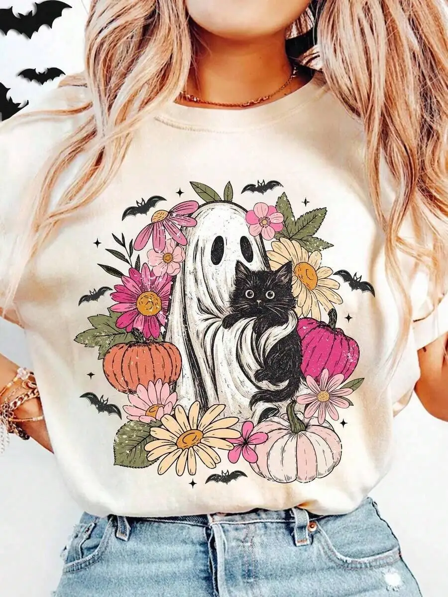 Sweet Halloween Lace Ghost Pumpkin Oversized Soft Cotton T-Shirt For Women Lightweight Trick Or Treat Party Novelty Graphic Tee