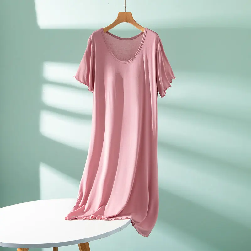 New Short Sleeve Modal Comfortable Sleepwear Women O Neck Chest Pad Nightgowns Casual Summer Nightshirt Ladies Home Wear Dress