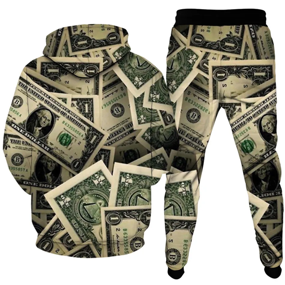 US 100 Dollar 1$ Currency Money Printed Clothes For Men Outdoor Fashion Tracksuit Sweatpants Hoodies 2 Pieces Costume Homme Sets