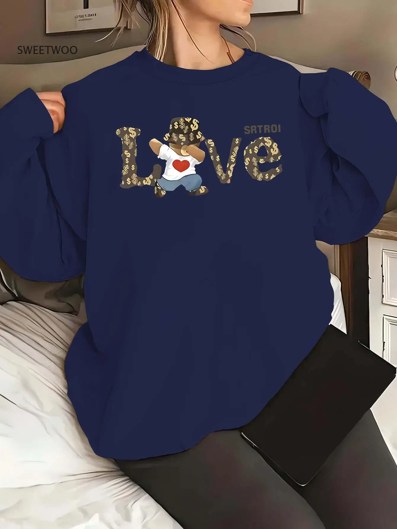 

Women's Casual Polyester Pullover Sweatshirt, Long Sleeve Crew Neck with Letter Print, Knit Fabric, 250Gsm, Fall/winter Fashion