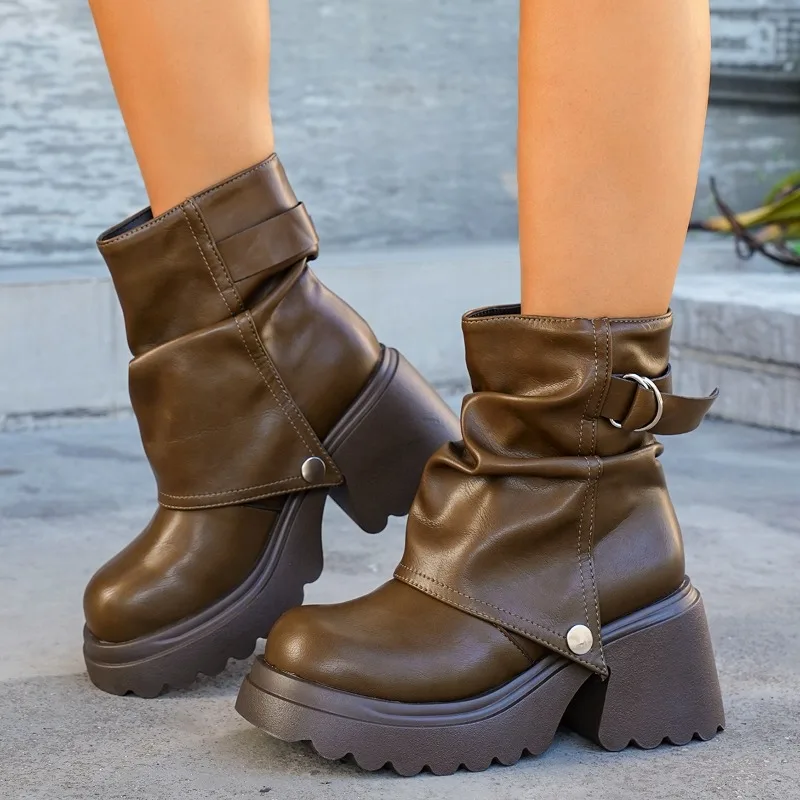 Y2K Streetwear Women Ankle Boots Buckle Strap Rivet Round Toe Platform Block Heel Short Boots Autumn Winter Botas Mujer