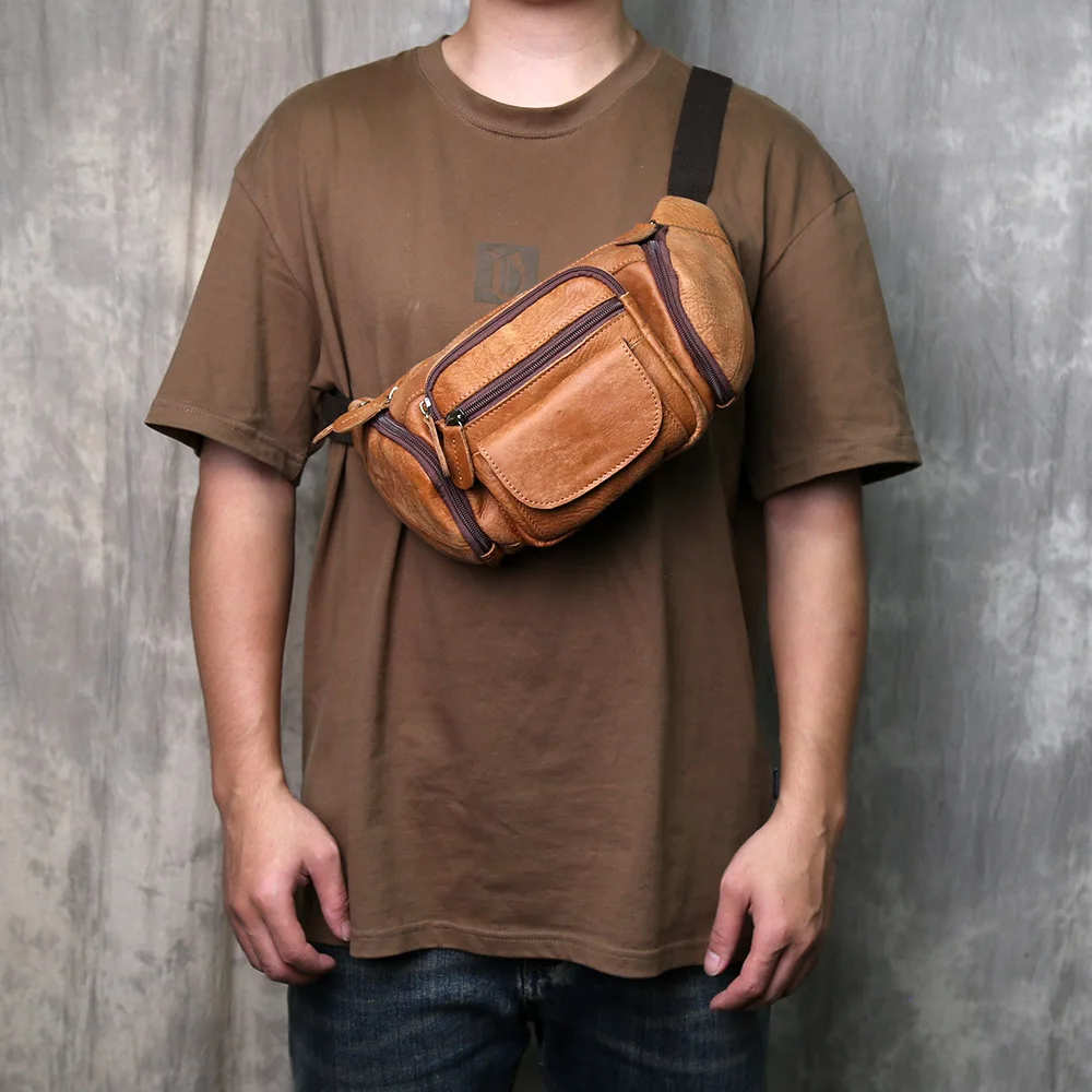 

Винтажная мужская нагрудная сумка из натуральной кожи, универсальная сумка-слинг через плечо с множеством карманов, вместительная поясная сумка для активного отдыха