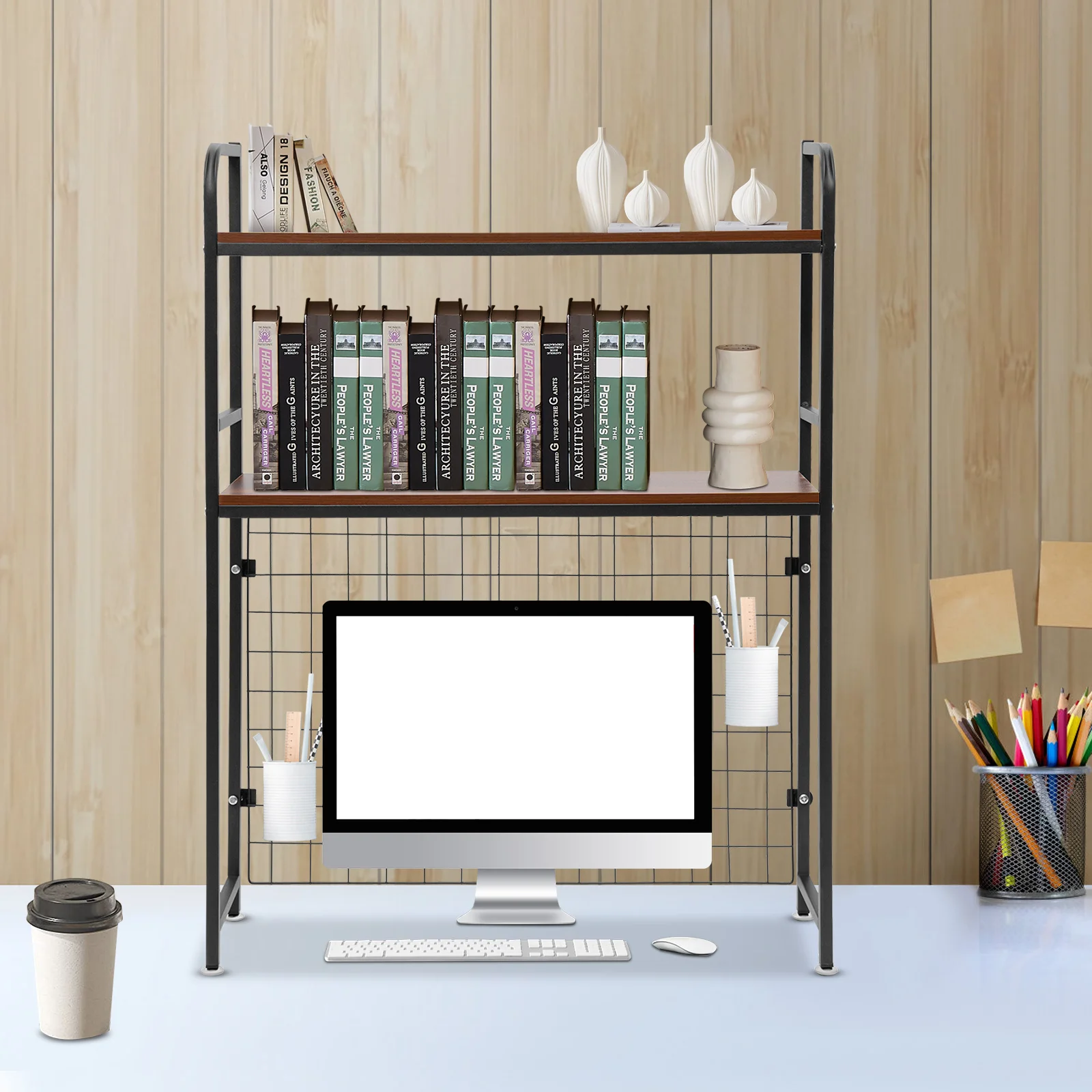 

2-уровневая стойка Регулируемый книжный шкаф Настольная витрина Полка Подставка Винтажный вид Высокая несущая способность Высокая стабильность Черный