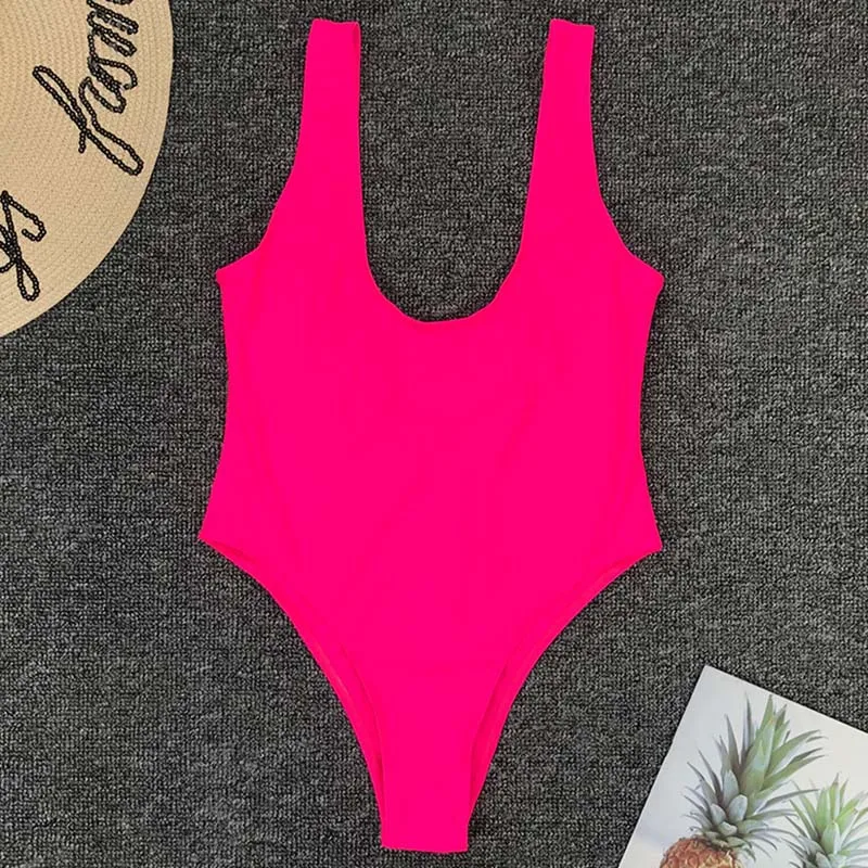 Sexy Scoop Back Swimwear Solid One Piece Swimsuit Women Red Pink White Black Bather Bathing Suit High Cut  Swim Wear For Party