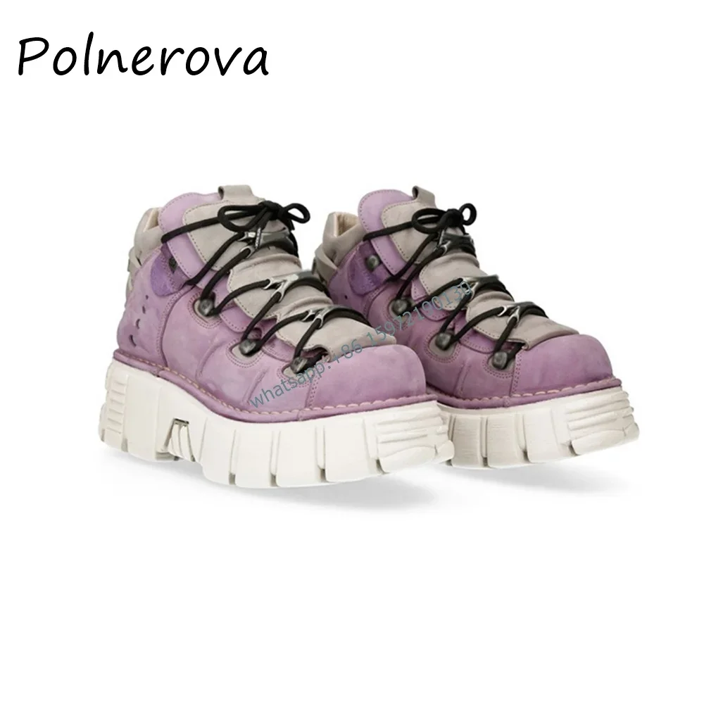 الأبيض والأرجواني مختلط الألوان مضخات برشام الدانتيل يصل السحابات أحذية نسائية سميكة سوليد عالية أعلى الشارع صور الربيع الأحذية #1