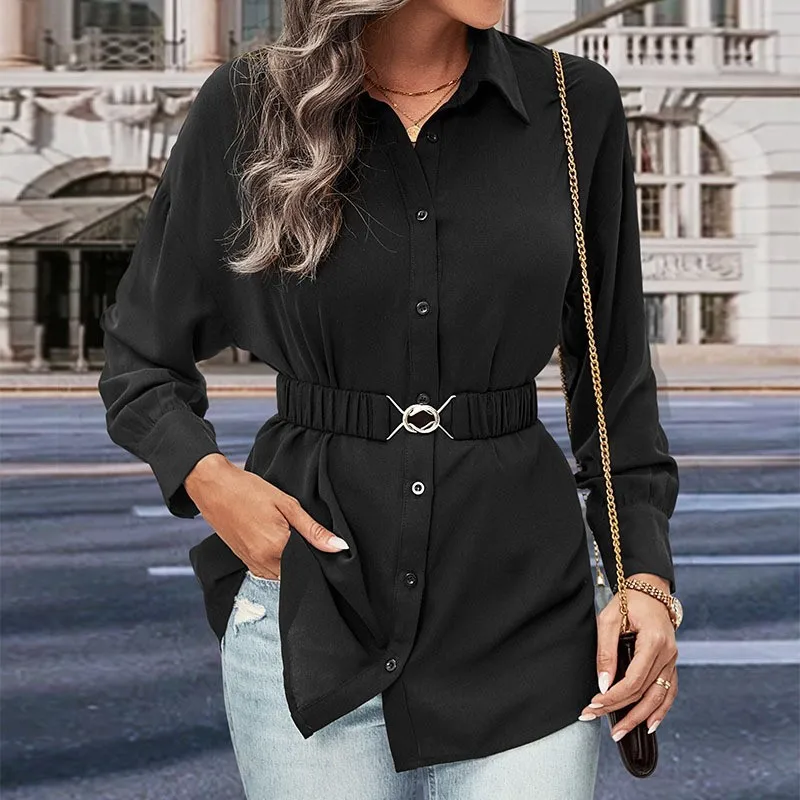 

New Spring And Autumn Top With Belt Medium To Long Solid Color Shirt For Women Single Row Multi Button Cardigan Long Sleeve Top