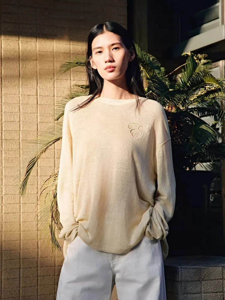 

Edition Women's Summer New Light Weight Lin Hemp Knitted Cover up Top Casual Sle Long Sve Regular Fit Knitted Sweater