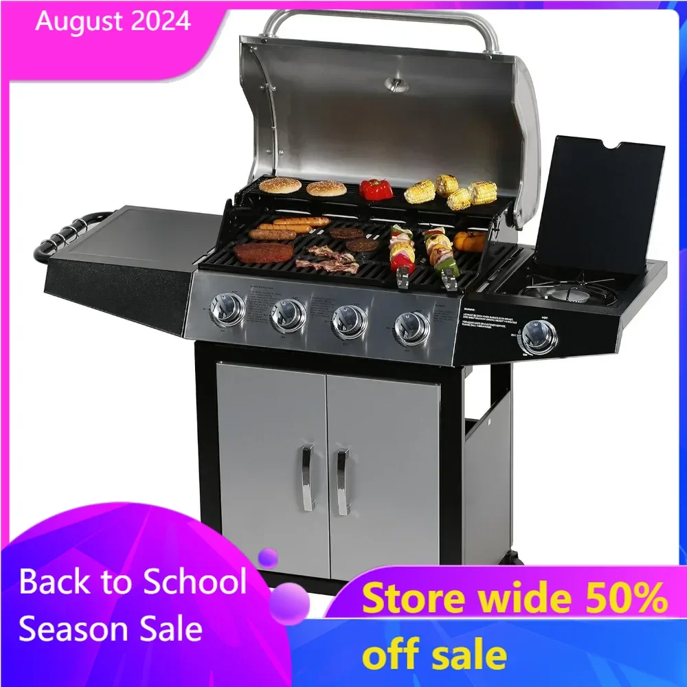 

Gas Grill, BBQ 4-Burner Cabinet Style Grill Propane with Side Burner, Stainless Steel55"D x 23"W x 43.9"H