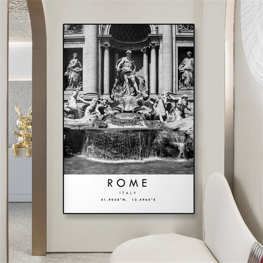 Black and White Poster Rome Travel Print Wall Art Minimalist Canvas Painting Trevi Fountain Print of Rome Italy Home Room Decor