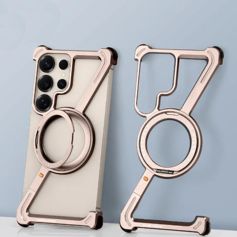 Metal Frameless Phone Case for Samsung Galaxy S26 S25 S24 Ultra with Stand 360° Rotation Magsafe Bumper Protective Cover