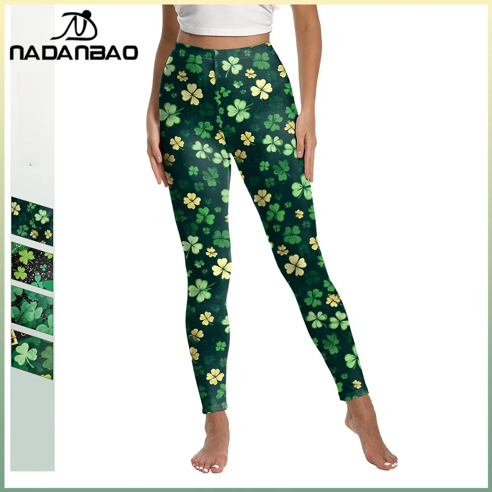 

Nadanbao Green Clover Stripe Print Leggings for Women Mid Waist Soft trousers St. Patrick's Day Festive Party Pants Yoga Tights
