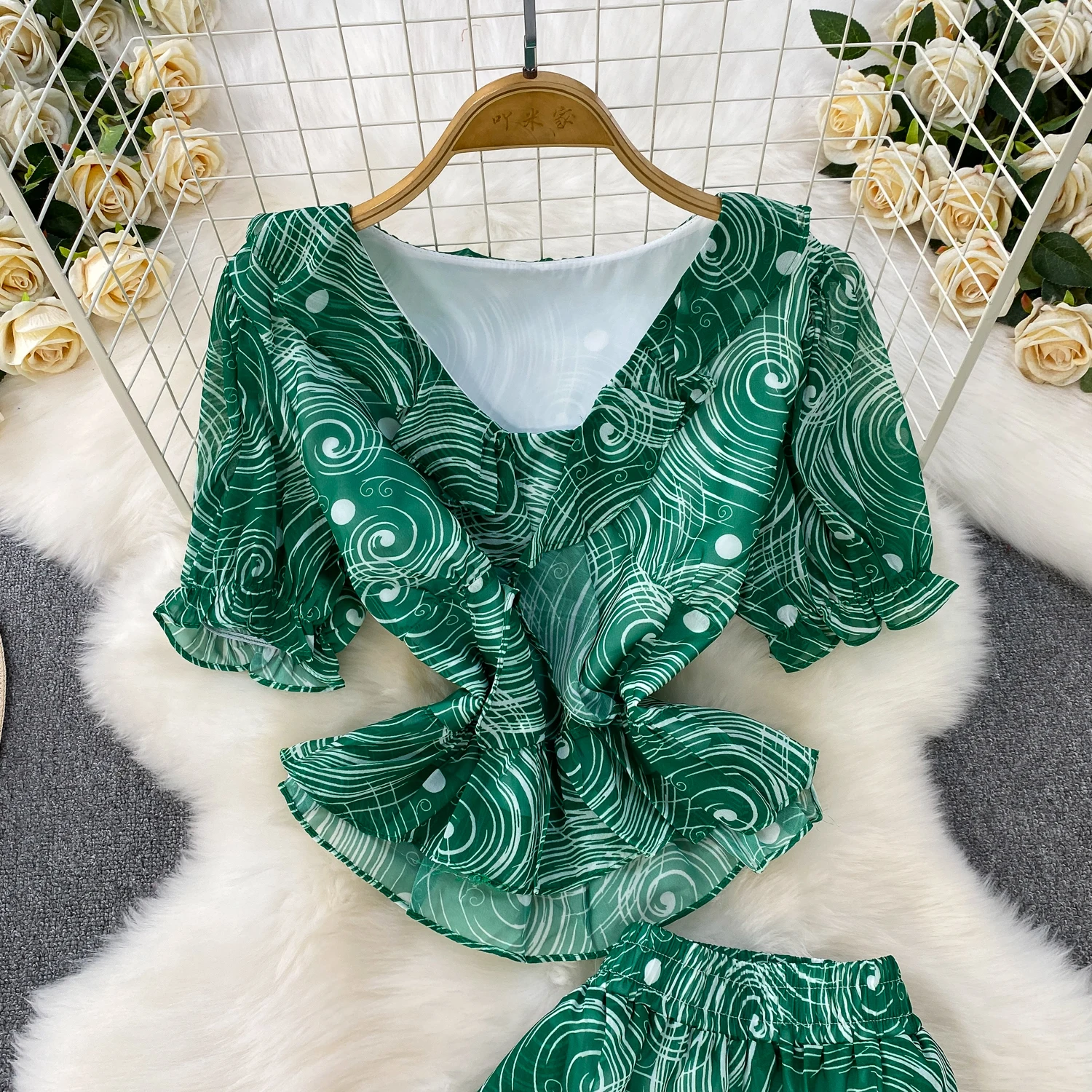 Feminino chiffon calça longa ternos plissado com decote em v manga curta camisetas + cintura alta impresso calças de perna larga senhora conjuntos de praia