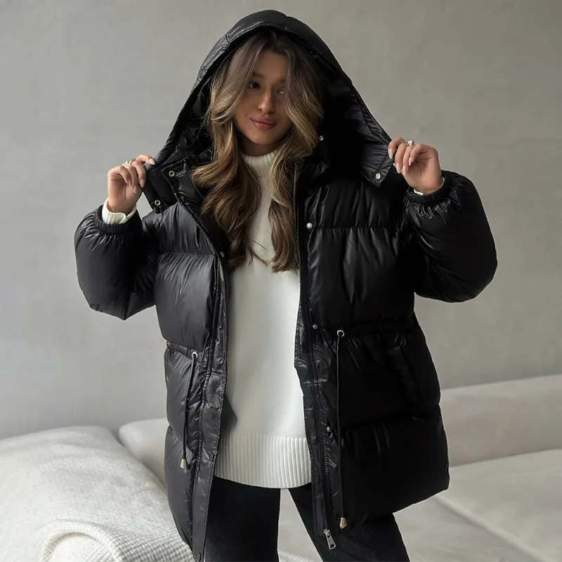 

European American Warm Winter Cotton Jacket 2025 New Hooded Zipper Slim Fit Drawstring Comfortable Womens Fashion Coat
