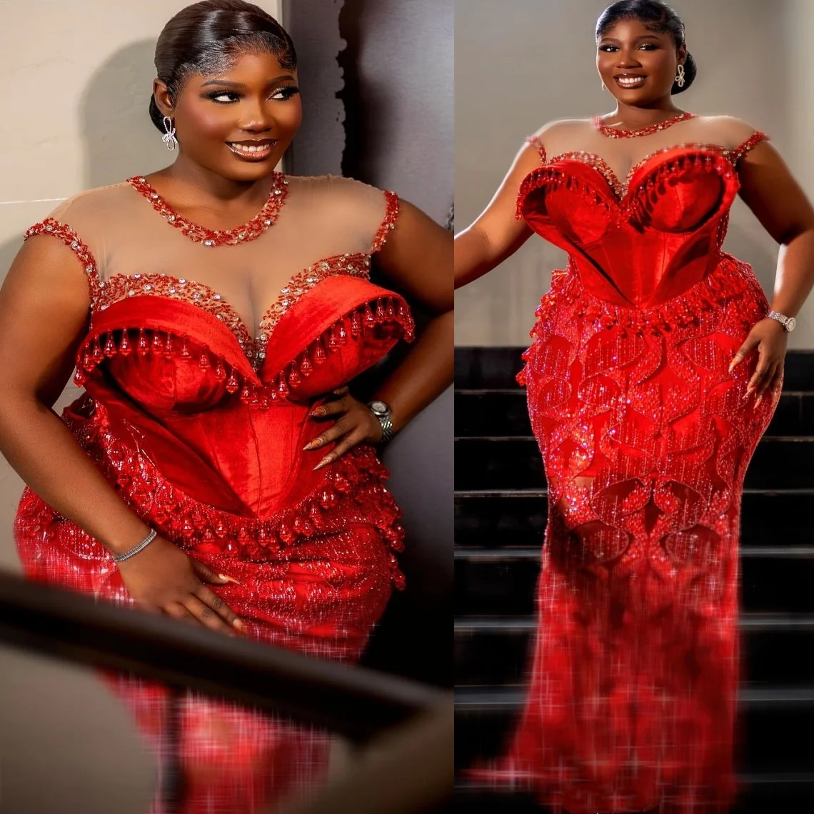 

Red Mermaid 2025 Prom Dresses Crystals Beaded Tassels Sequined Evening Formal Party Birthday Gowns Dresses ZJ1722