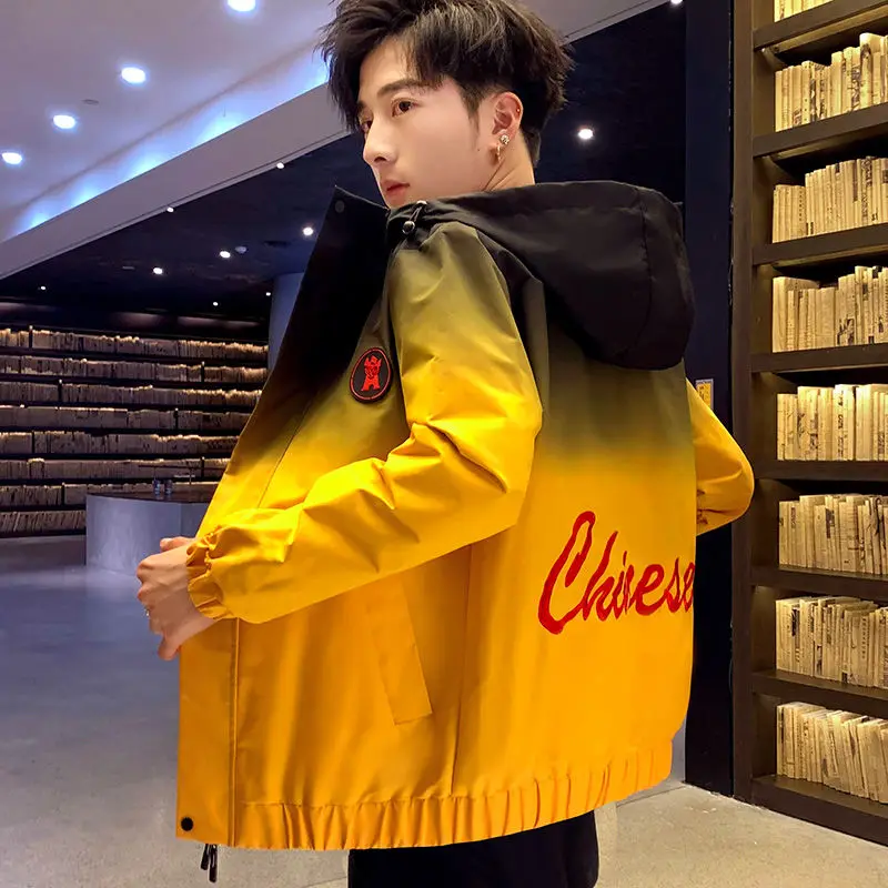 Fashion Loose Zipper Gradient Letter Embroidery Hooded Jackets Men's Clothing 2023 Winter Oversized Casual Tops Korean Coats