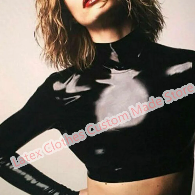 

Handmade Latex Top Rubber Suit Women Cosplay Costumes Front Zip Black Tights Long Sleeve Coat Sizes XS-XXL