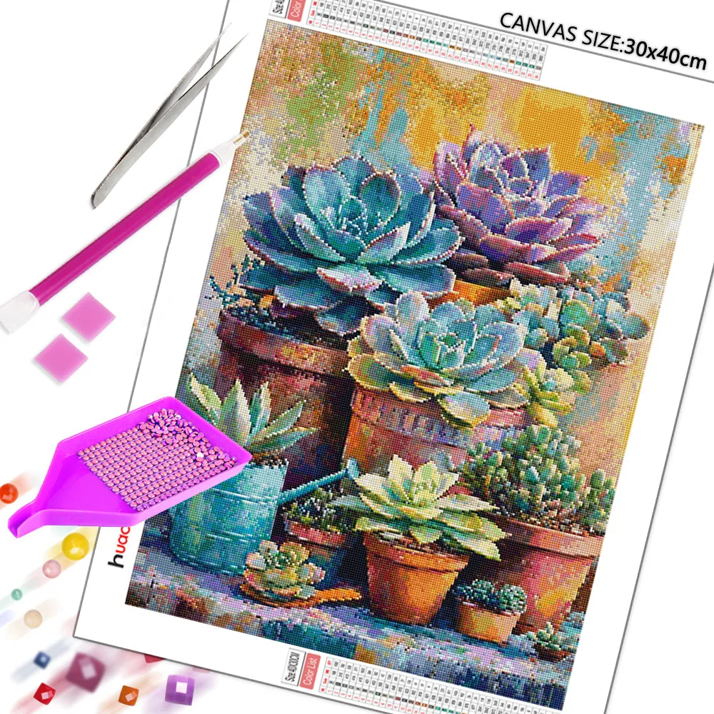 Huacan Full Square Round Drill 5D Diamond Painting Flower Vase Plant Diamond Mosaic Complete Kit Wall Decor