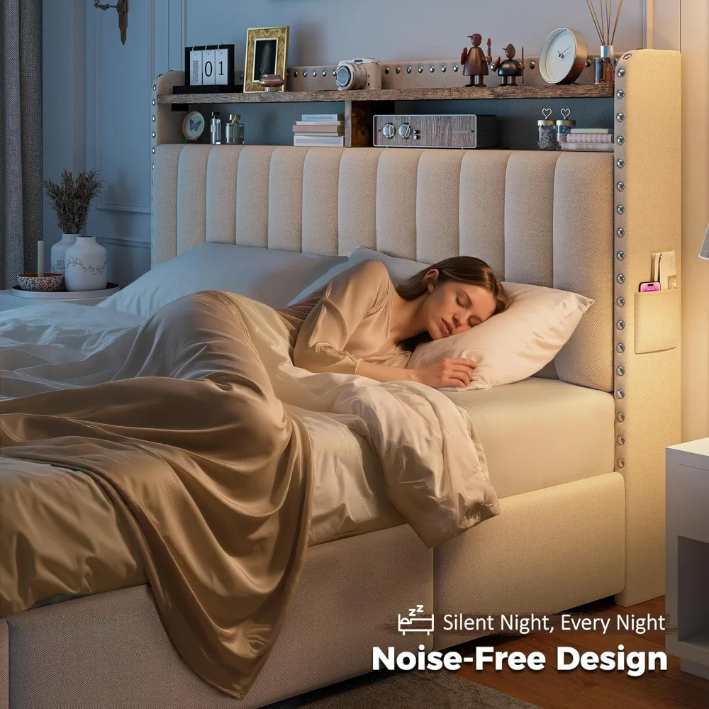 إطار سرير منجد بحجم كوين مع أدراج تخزين ولوح رأسي من طبقتين، وسرير بمنصة دعم شرائح خشبية