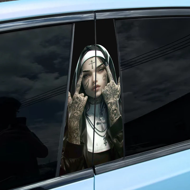 2pcs Smoking Nun Car Decal Car B-Pillar Decal DIY Car Door Pillar Decal Waterproof Decal Cover Scratched Car Door Pillar Decal