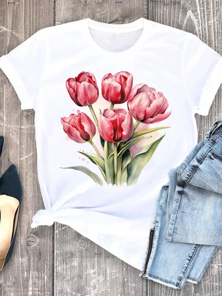 꽃 수채화 90 년대 귀여운 트렌드 여성 그래픽 티셔츠, 반팔, 여성 패션 프린트 셔츠, 티 의류