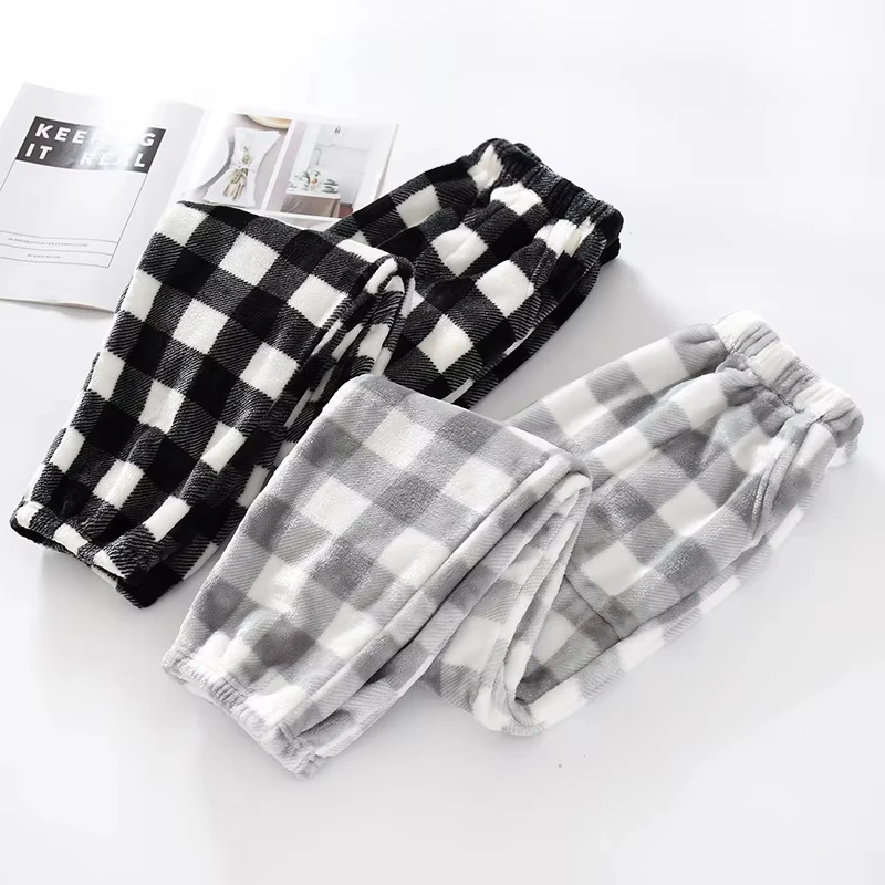 Autumn and Winter Super Warm Thickening Flannel Women Men's Plaid Pants Black Grey Colors Matching Men Pajamas Trousers