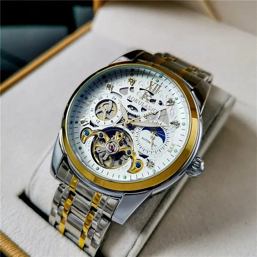 

Luxury Brand Mechanical Watches Moon Phase Fashion Diamond Luminous Hands Tourbillon Skeleton Automatic Mens Watch Steel Strap