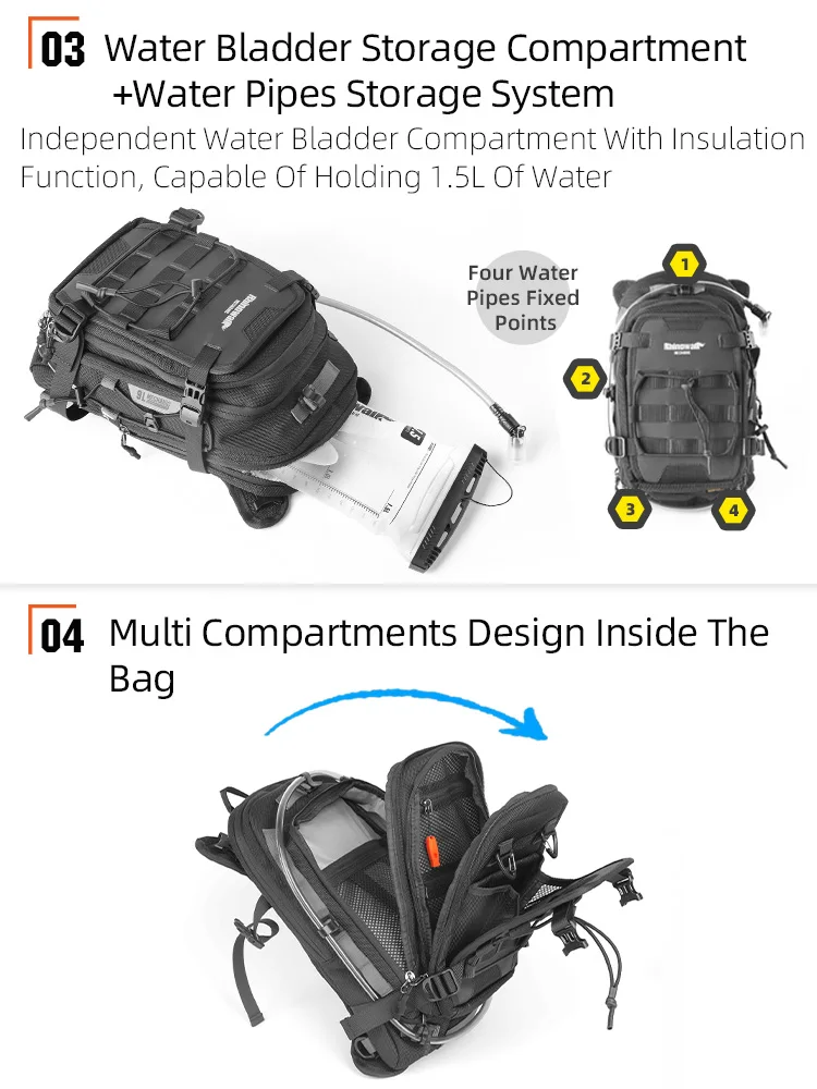 Rhinowalk กระเป๋าติดถังรถจักรยานยนต์ 9 ลิตรกระเป๋าเป้สะพายหลังอเนกประสงค์พร้อมผ้าคลุมกันฝนพร้อมถุงน้ํา 1.5 ลิตรระบบ MOLLE หลายช่องสากล