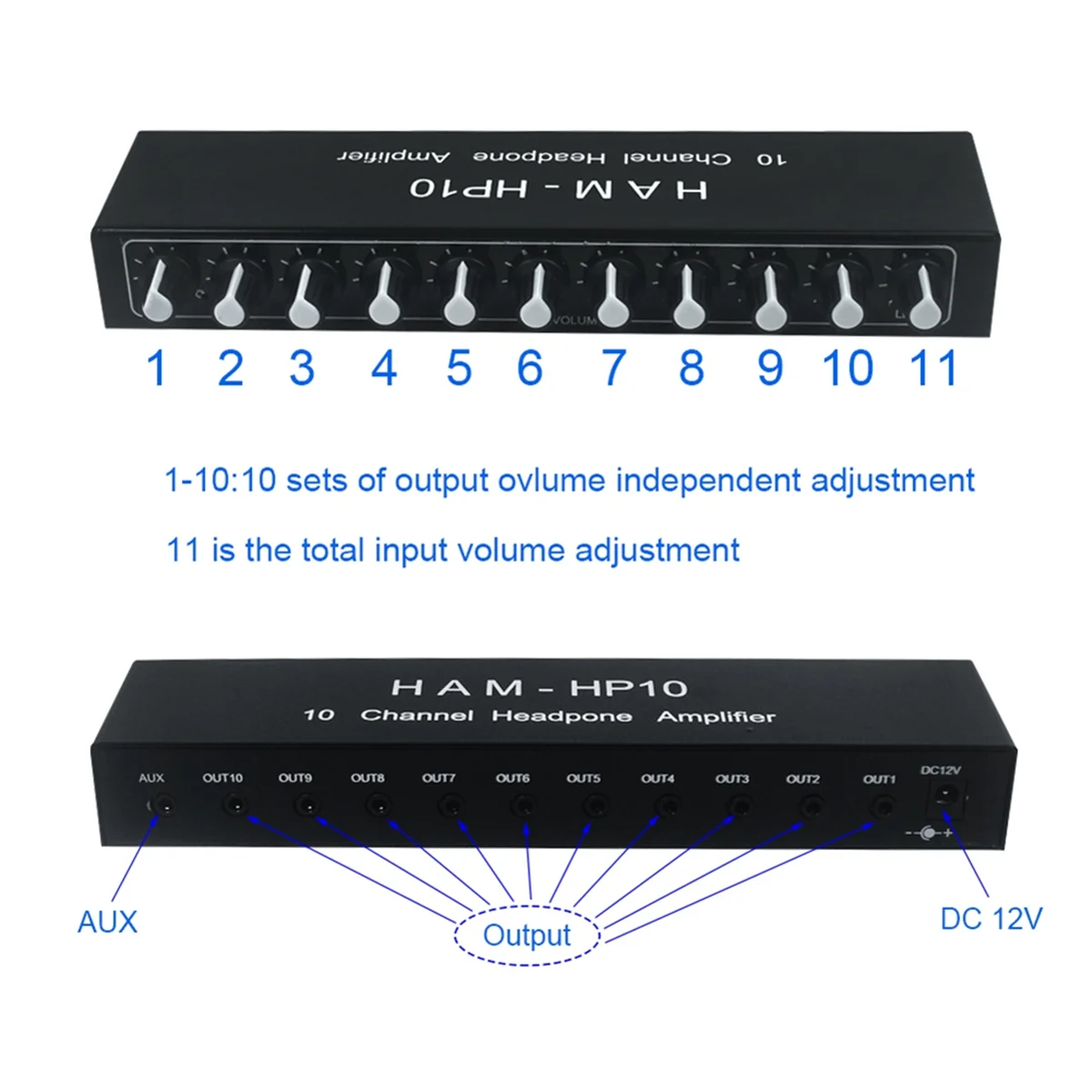 Distributore audio Distributore audio con lente d'ingrandimento per cuffie a 10 canali Splitter stereo da solo