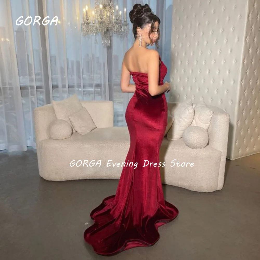 GORGA-vestido de fiesta de sirena de Velour sin tirantes, vestido de noche Formal con flores 3D rojo vino, sin espalda, delgado, hasta el suelo, 2024