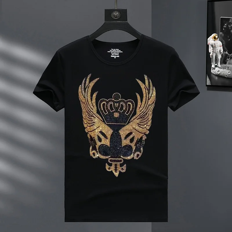 

Fashion Crown Wing Rhinestones T Shirts Men Clothing Summer Streetwear Short Sleeve O Neck Slim T-shirt Man Camisetas De Hombre