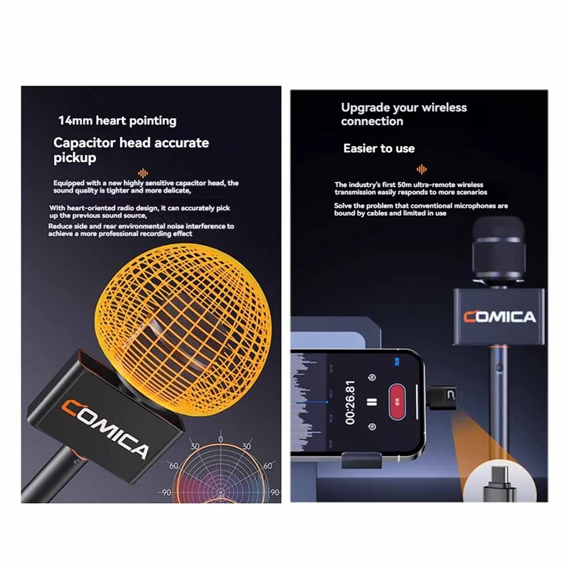 A47Z Comica Revo S Wireless Microphone 48Khz/24Bit Cardioid Polar Pattern, Denoise For Smartphone Interviews And Outdoor Use
