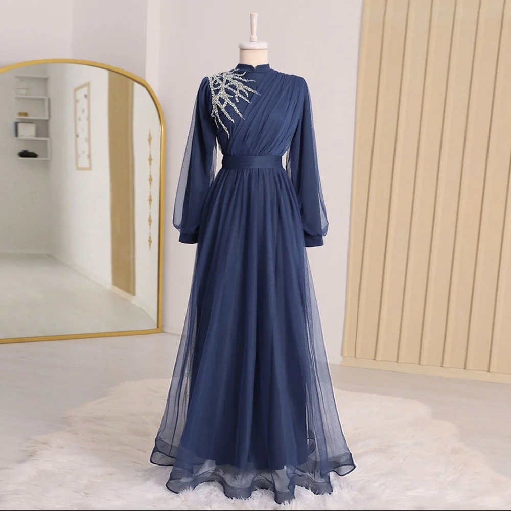 Abiti da sera formali blu per le donne collo alto maniche lunghe abiti da ballo Organza a-line lunghezza del pavimento muslimex squars 6.