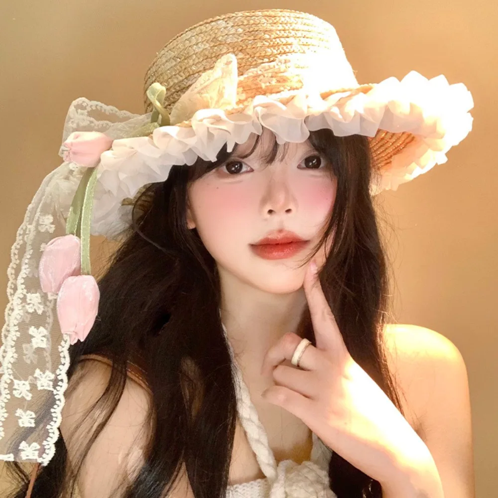 

Sunscreen Lace Bow Straw Hat Wide Brim Weave Outing in Spring Tulip Hat UV Protection Flower Summer Beach Sun Hat