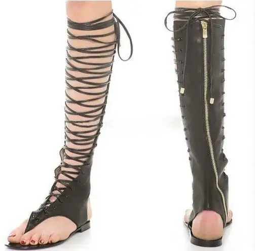 Black Matte Leather Clip Toe Cross Tied Lace Up Leisure Flat Knee High Sandals Boots Gladiator Roman Long Boots Beach Shoes