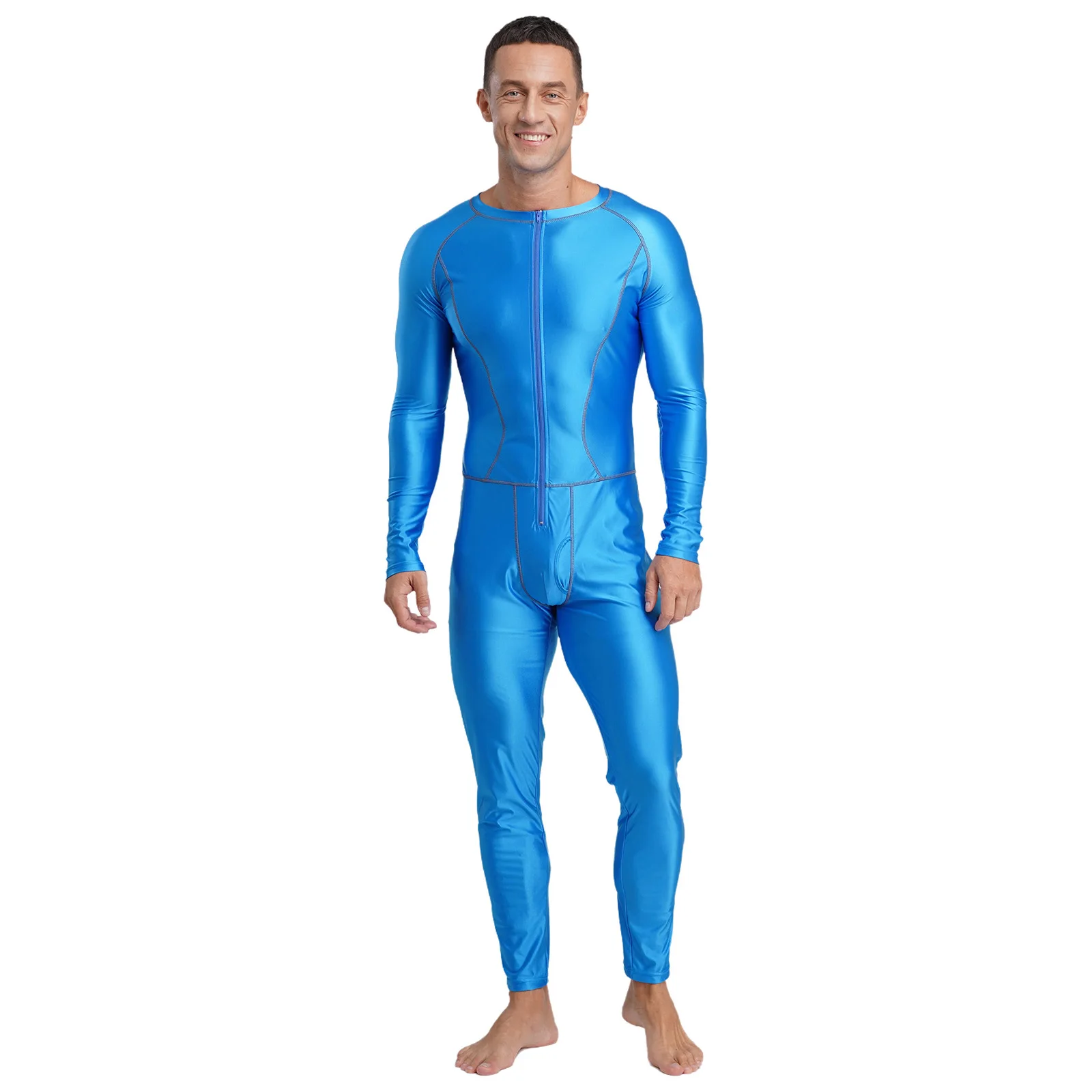 Mens Glossy Stretchy Long Sleeve Slim Fit Jumpsuit Oil Shiny Outer Flat Seams Front Zipper Unitard Compression Leotard Sportwear