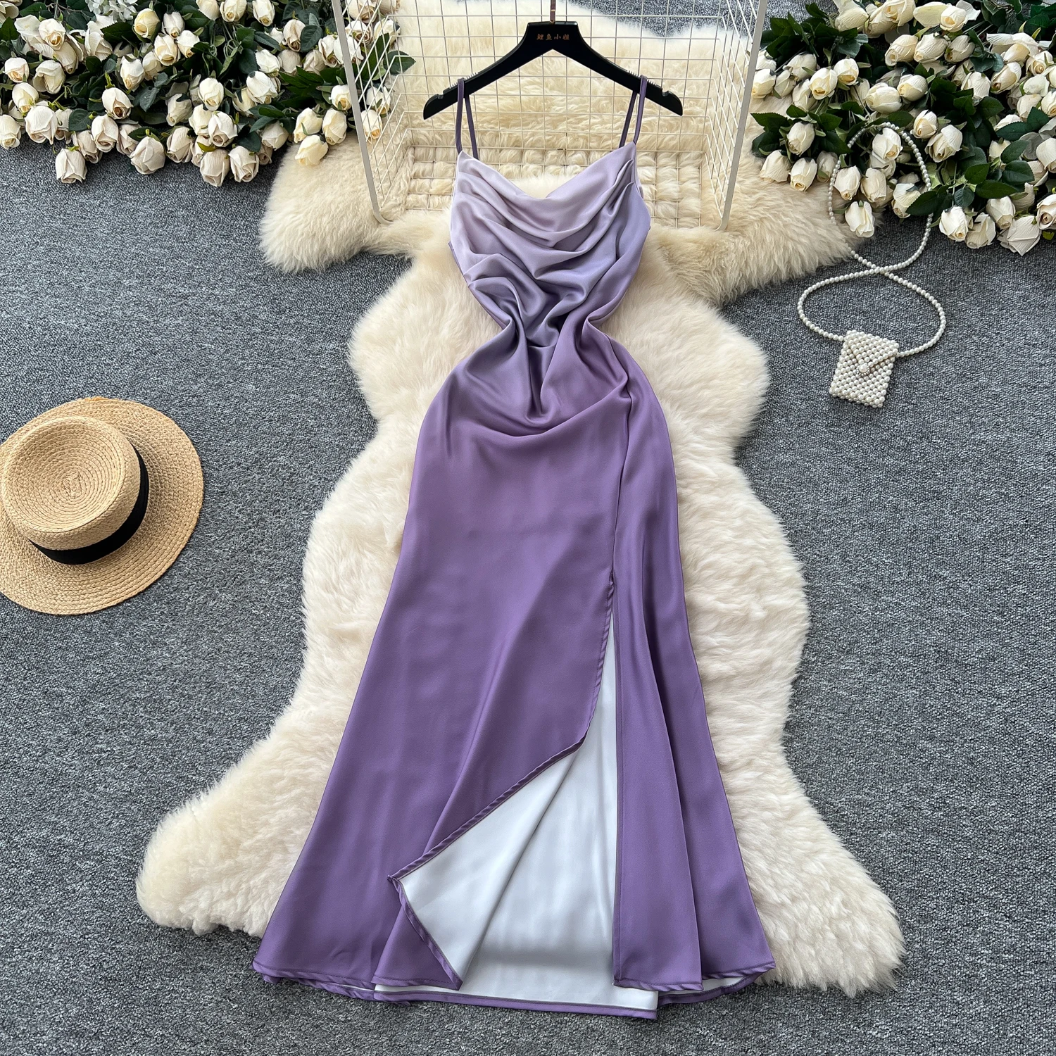 ヴィンテージエレガントなサテンスイング襟背中の開いたドレス韓国のファッションロングドレスホットスウィート女性ファッションプリーツドレス