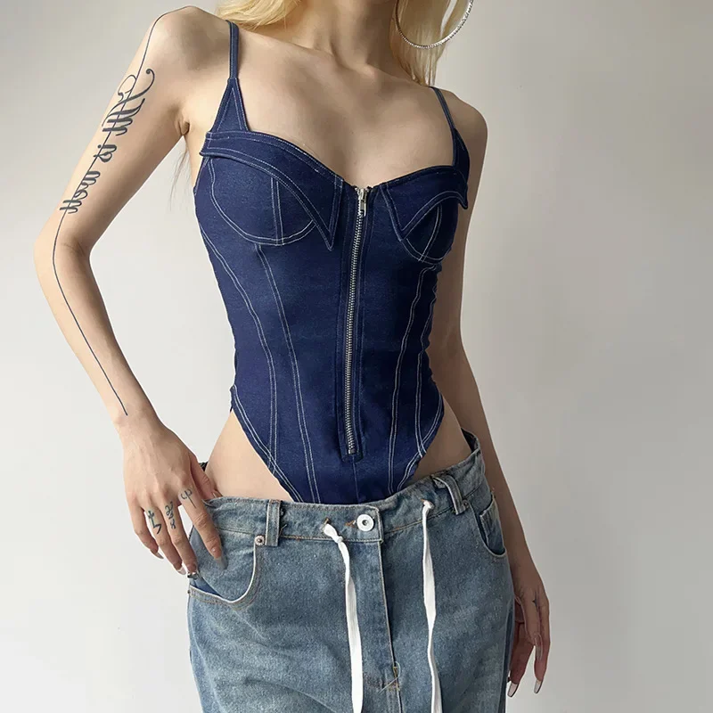 2024 New Retro Autumn Women Zipper Denim Bodysuit Long Sleeve Off Shoulder Skinny Bodysuits Sexy Camisole Slim Fitting Jumpsuit