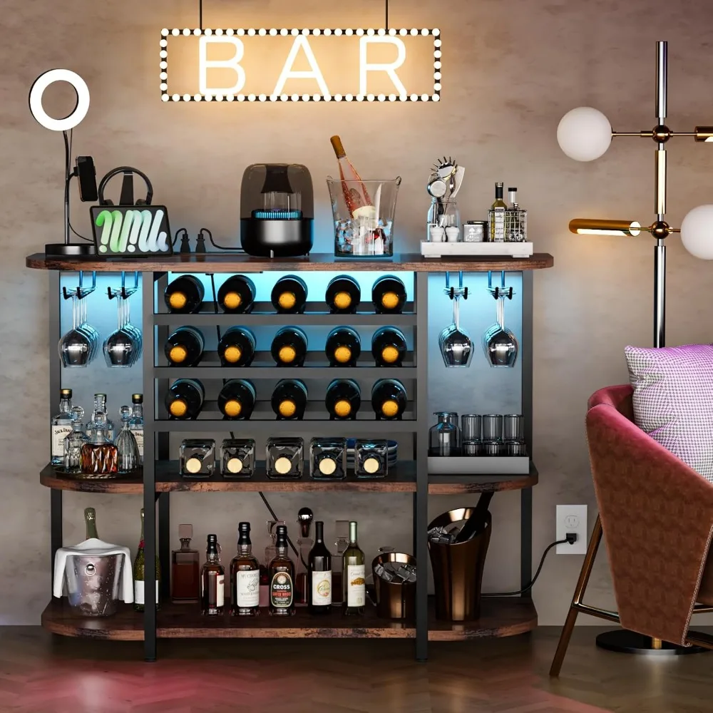 Bar Table Cabinet with Charging Station Wine Rack Freestanding Floor, 47'' Wine Rack Table with LED Light and Storage