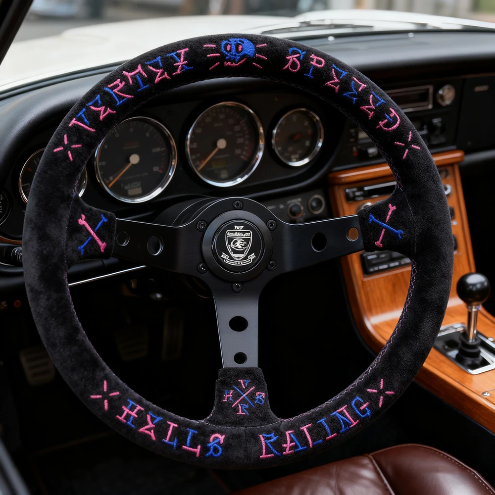 VERTEX Volante de carreras universal Volante deportivo bordado de gamuza con radios negros con 6 agujeros