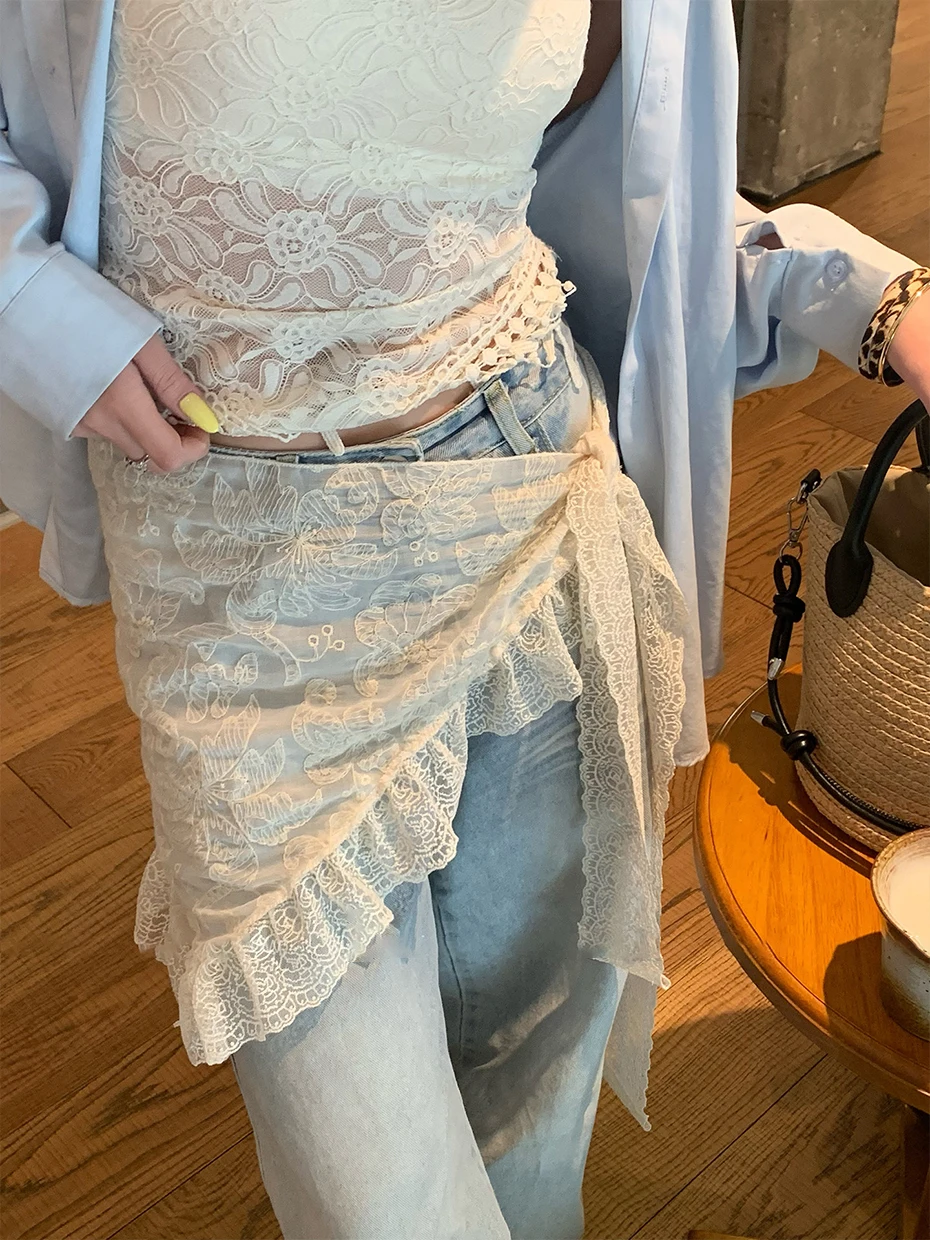 

French Style Lace Half Skirt Women's Spring Summer Fashionable High Waist Polyester Fiber Embroidered Floral Hemline City Com...