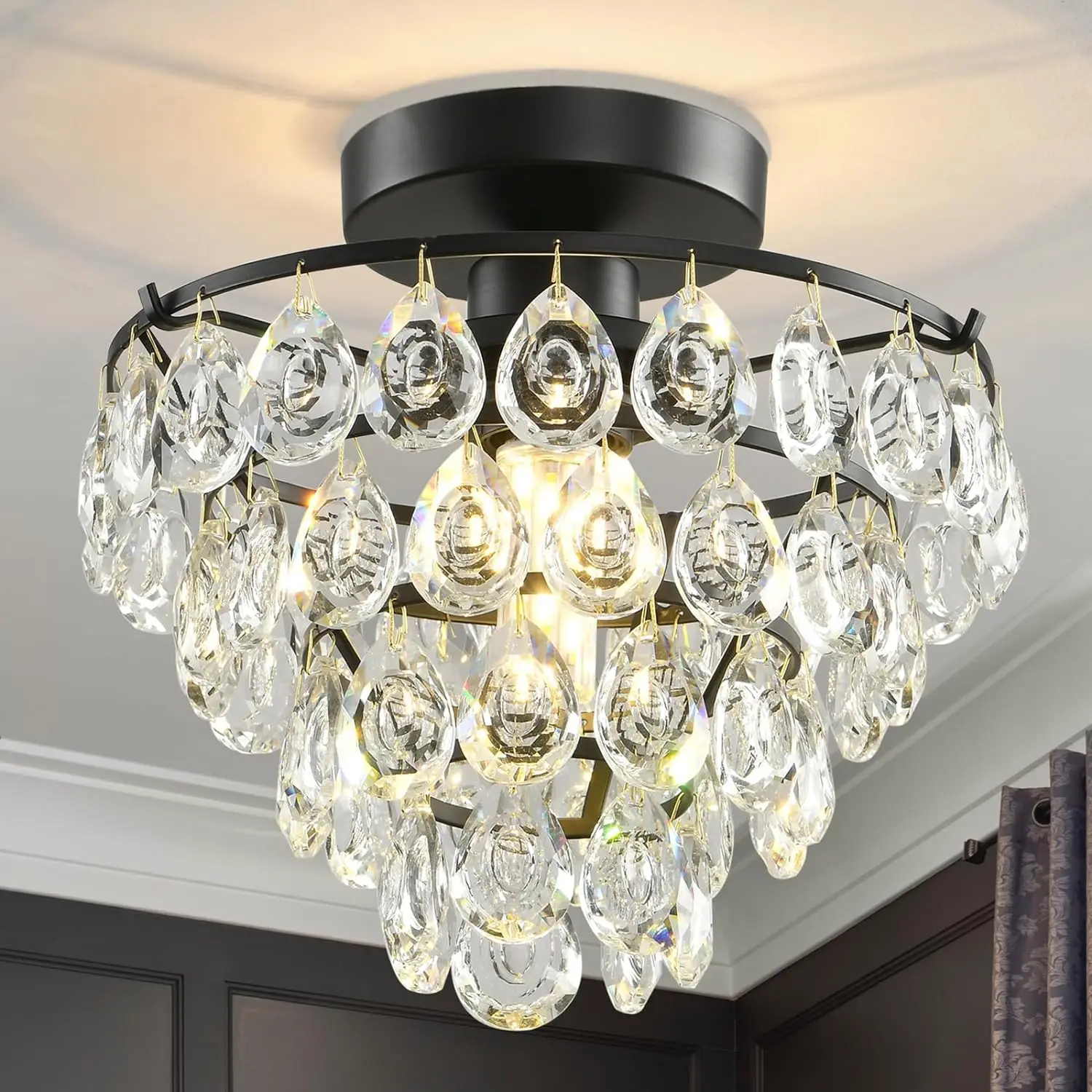 Modern Crystal Ceiling Light Fixture Black Mini Crystal Chandeliers for Hallway Semi Flush Mount Small Ceiling Chandelier