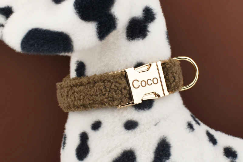 Teddy-Samt-Hundehalsband und Leinen-Set für kleine, mittelgroße und große Hunde, individuell graviertes Namensschild, Haustierzubehör, Hundeleine – Detail 2