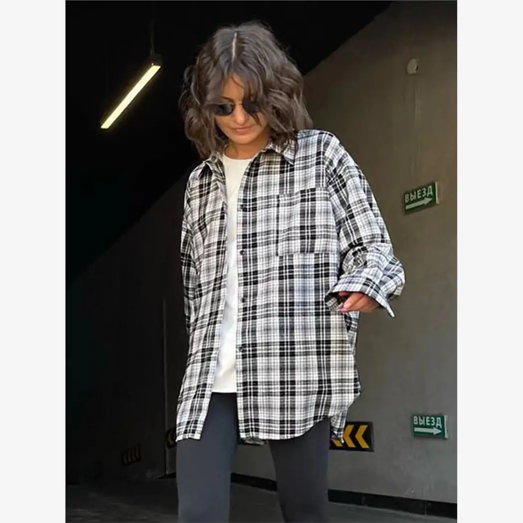 

Casual Plaid irt Long Sve ket Lapel Women's Loose Fit Spring 2023 Faion irt Casual Wear