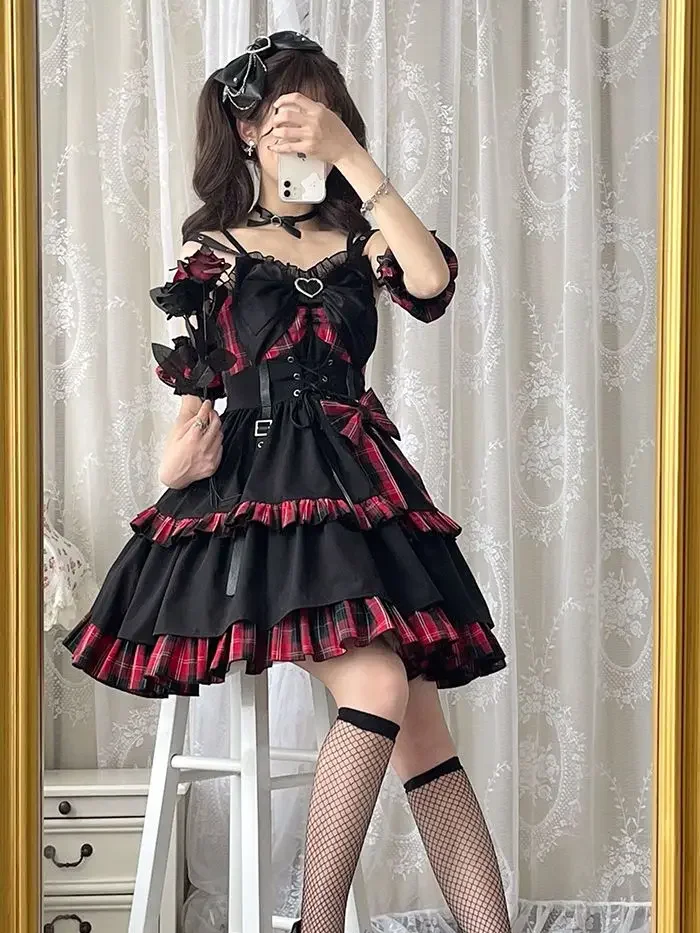 Thần Tượng Quần Áo Lolita JSK Đầm Đỏ Họa Tiết Kẻ Sọc Áo Xù Nơ Phối Ren Lolita Dây Nhảy Váy Alice Cô Gái