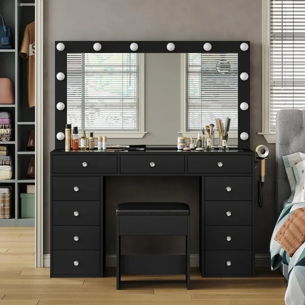 Vanity Desk with Power Outlet, Makeup Vanity with Mirror and 12 LED Lights, 3 Lighting Modes,11 Drawers Vanity Table with Chair