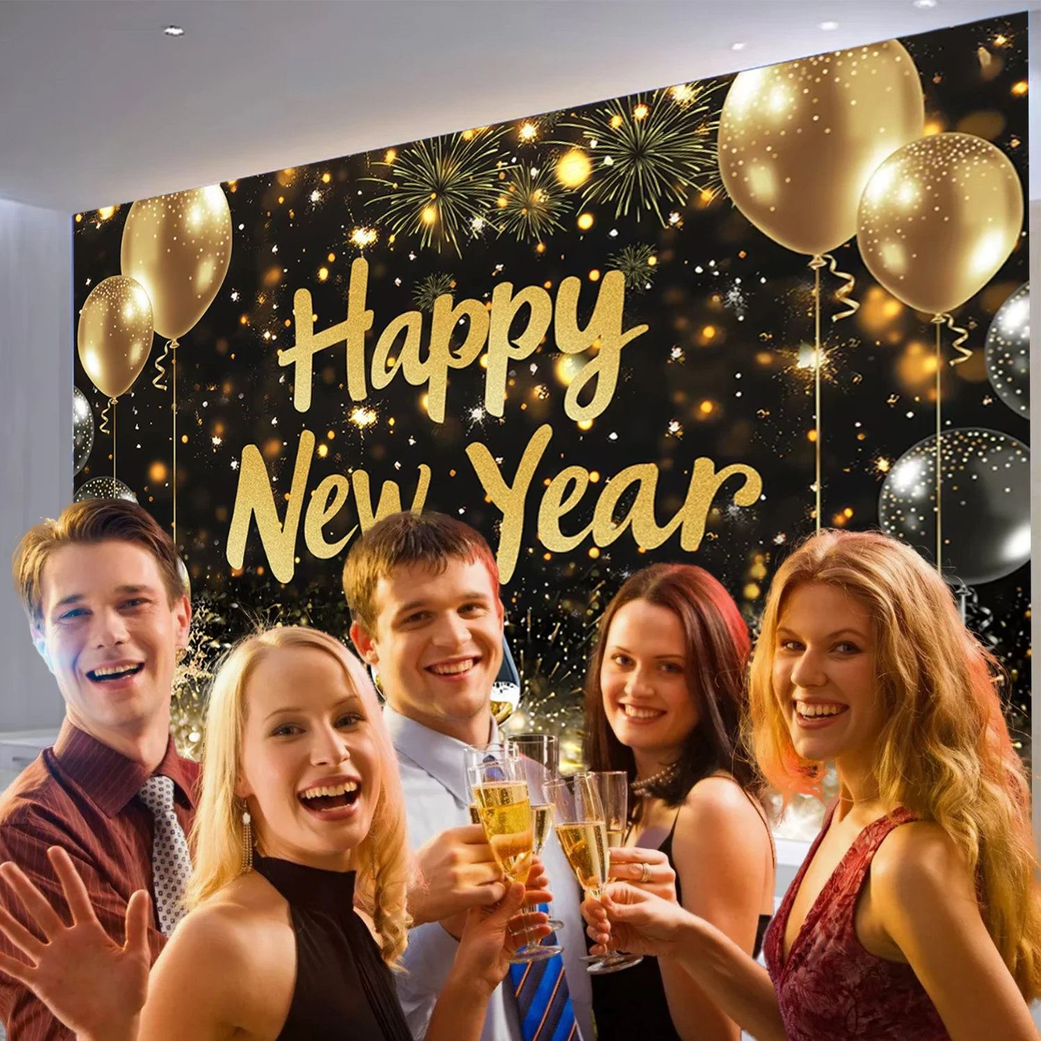 Happy 2025 New Year Theme Photography Background Celebration Banners Fireworks Balloons Wine Glasses Party Decoration Prop Gift