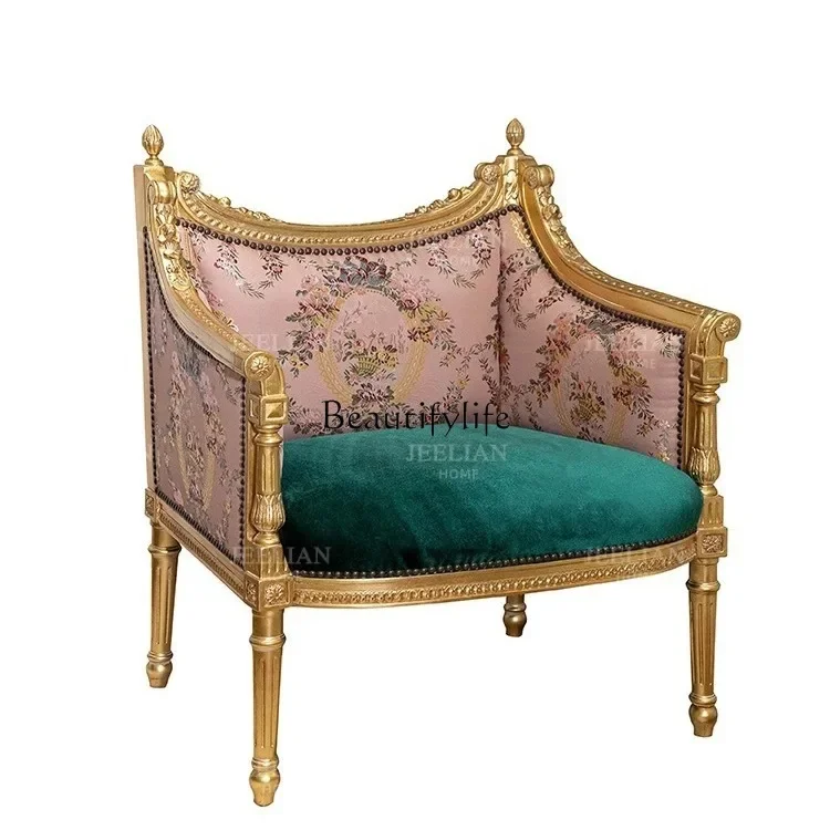 

French carved single sofa pink jacquard fabric leisure chair villa